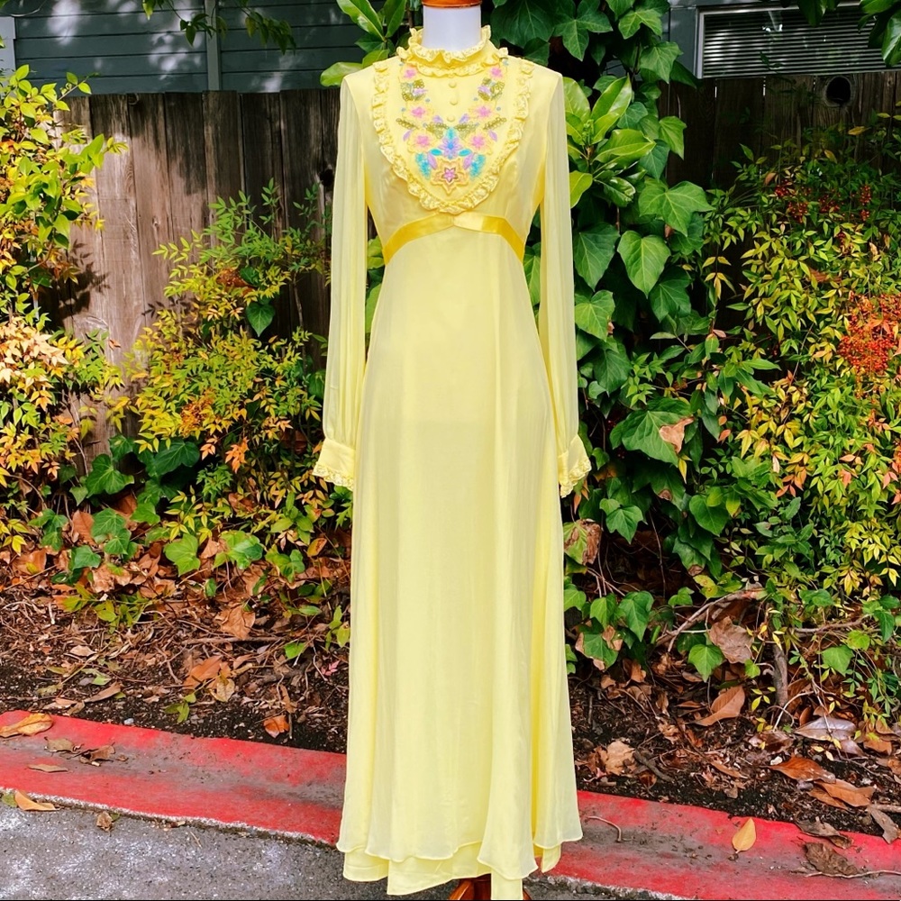 70's Pastel Yellow Embroidered Floral Chiffon Maxi - Picture 12 of 12